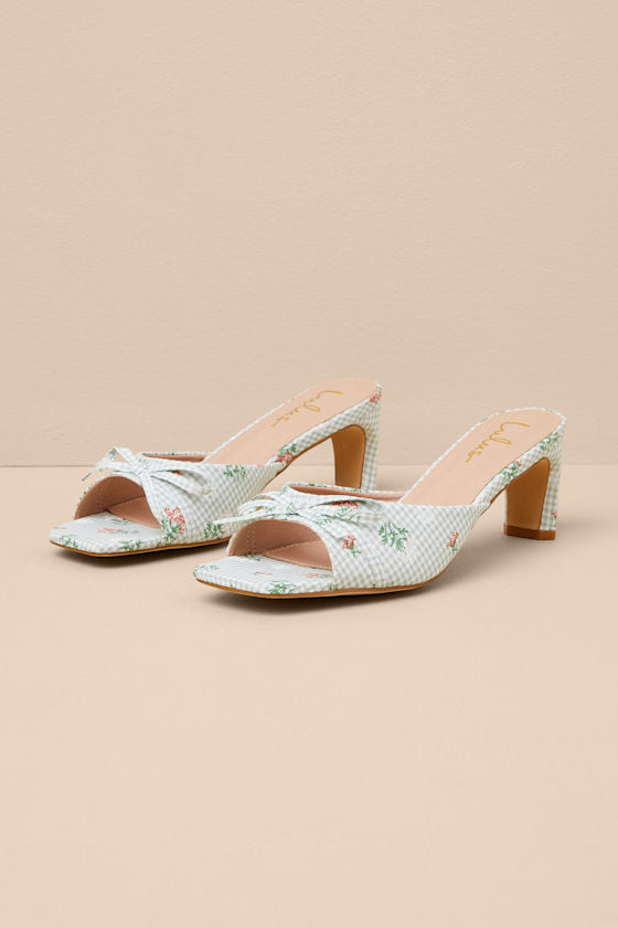 Gilzean Green Gingham Bow High Heel Slide Sandals