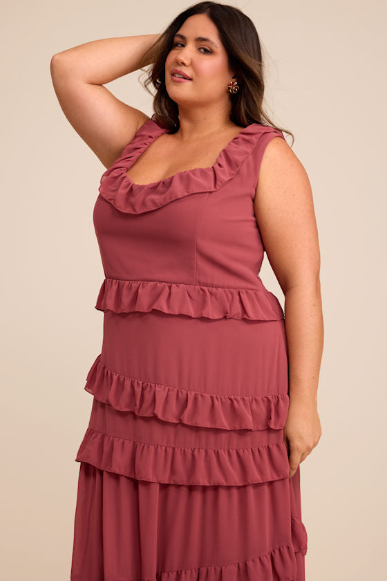 Compelling Romantic Rusty Rose Ruffled Tiered Maxi Dress