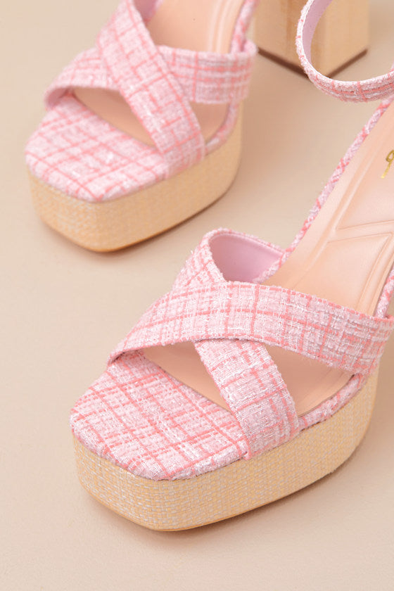 Capitolla Baby Pink Tweed Platform Ankle Strap Sandals