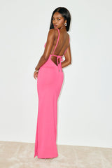 Dynasty Hot Pink Slinky Knit Backless Maxi Dress