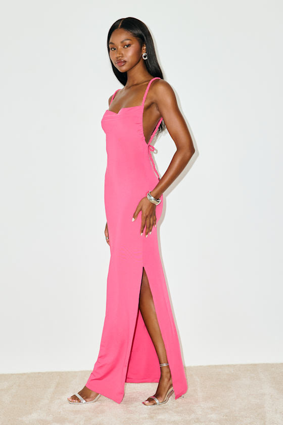 Dynasty Hot Pink Slinky Knit Backless Maxi Dress