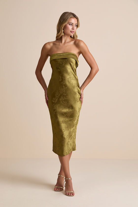 Impressive Favorite Olive Jacquard Strapless Midi Dress