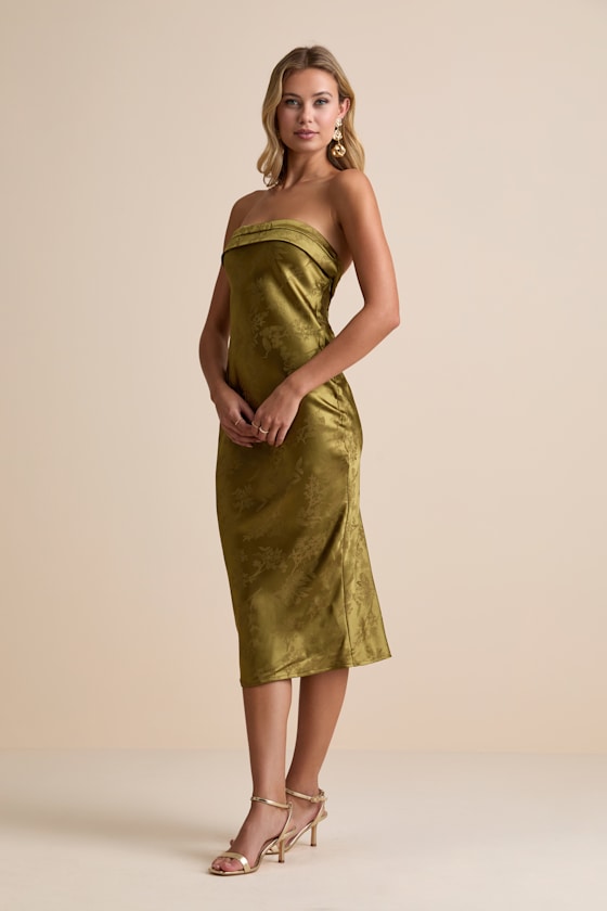 Impressive Favorite Olive Jacquard Strapless Midi Dress