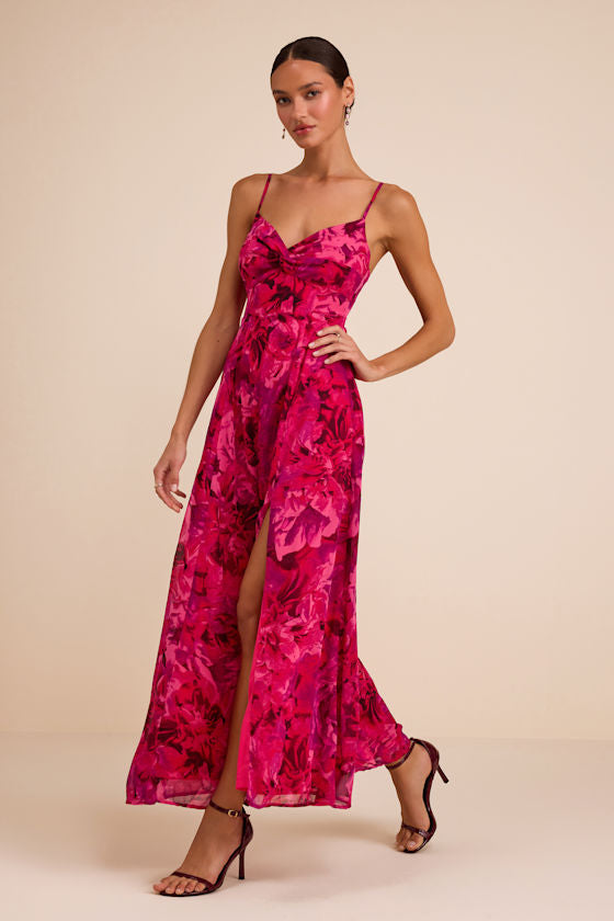Beautiful Soul Fuchsia Floral Print Twist-Front Maxi Dress
