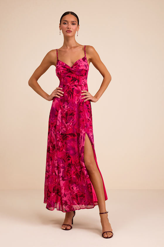 Beautiful Soul Fuchsia Floral Print Twist-Front Maxi Dress