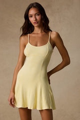 Simply Pretty Washed Yellow Ribbed Pleated Sleeveless Mini Dress