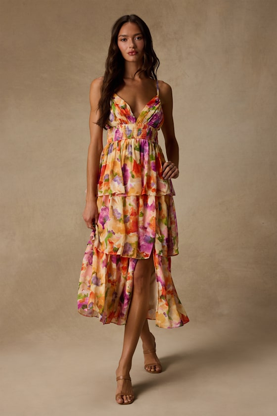 Olesia Yellow Abstract Floral Print Tiered Midi Dress