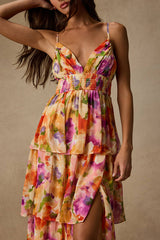 Olesia Yellow Abstract Floral Print Tiered Midi Dress