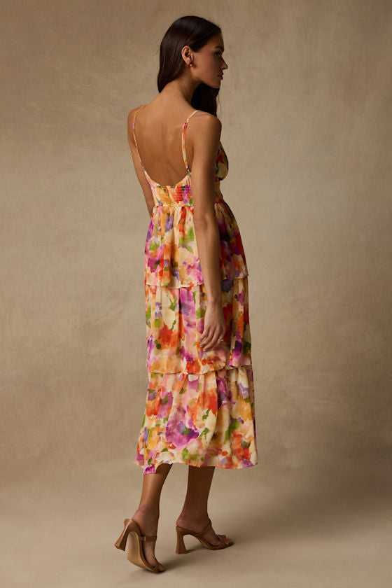Olesia Yellow Abstract Floral Print Tiered Midi Dress
