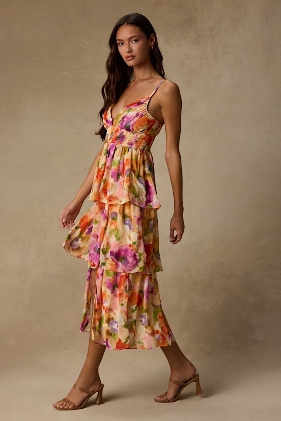 Olesia Yellow Abstract Floral Print Tiered Midi Dress