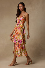 Olesia Yellow Abstract Floral Print Tiered Midi Dress