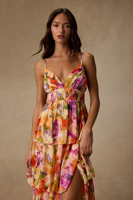 Olesia Yellow Abstract Floral Print Tiered Midi Dress