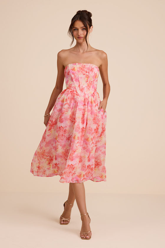 Eulalia Pink Floral Lace-Up Strapless Bustier Midi Dress