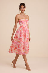 Eulalia Pink Floral Lace-Up Strapless Bustier Midi Dress