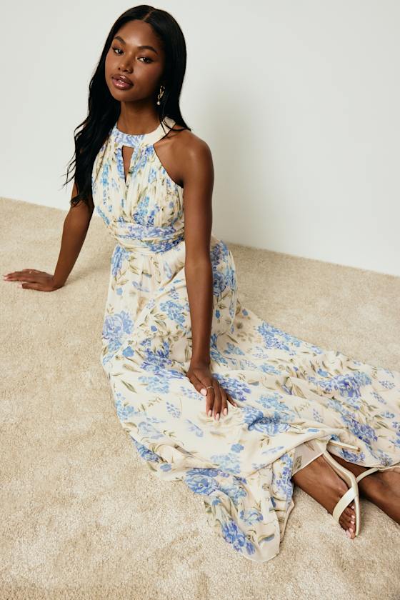 Sintra Beige and Blue Floral Pleated Backless Maxi Dress