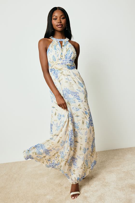 Sintra Beige and Blue Floral Pleated Backless Maxi Dress