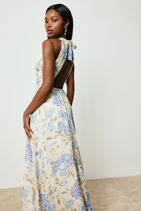 Sintra Beige and Blue Floral Pleated Backless Maxi Dress