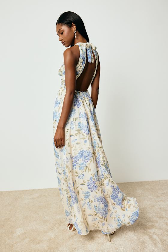 Sintra Beige and Blue Floral Pleated Backless Maxi Dress
