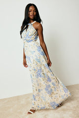 Sintra Beige and Blue Floral Pleated Backless Maxi Dress