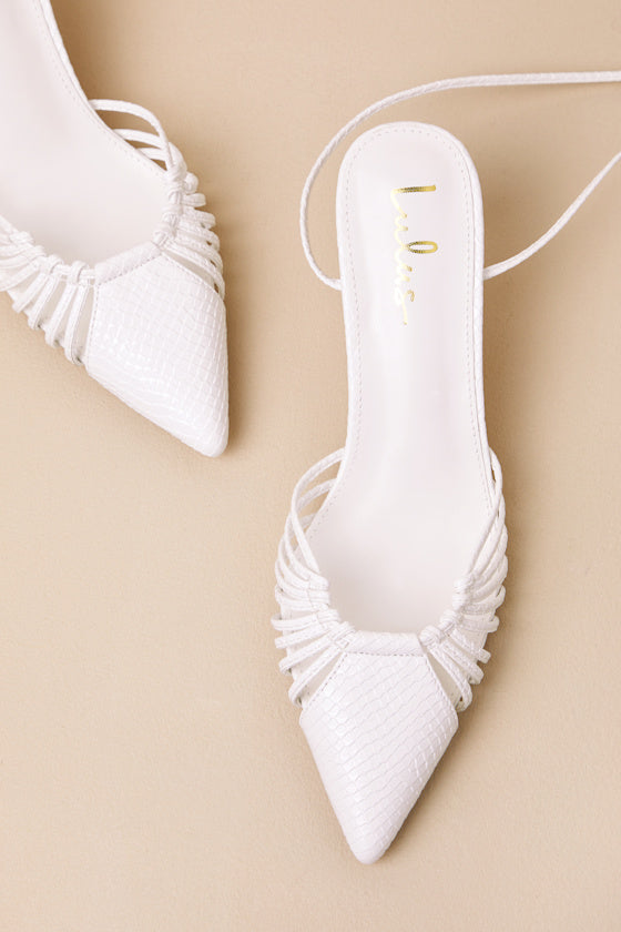 Ansel White Snake-Embossed Lace-Up Pumps