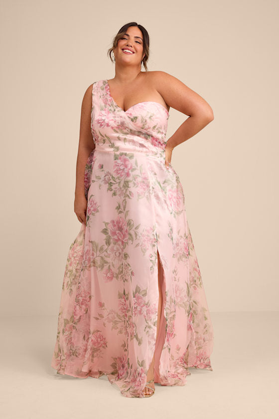 Truly Extraordinary Pink Floral Organza One-Shoulder Maxi Dress