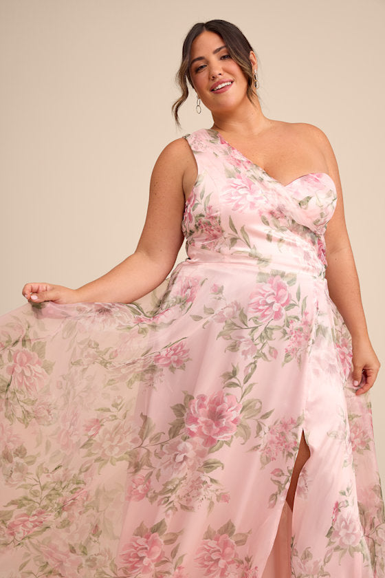 Truly Extraordinary Pink Floral Organza One-Shoulder Maxi Dress