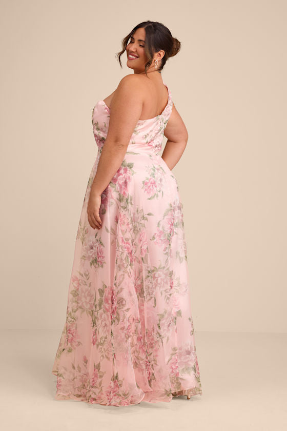 Truly Extraordinary Pink Floral Organza One-Shoulder Maxi Dress