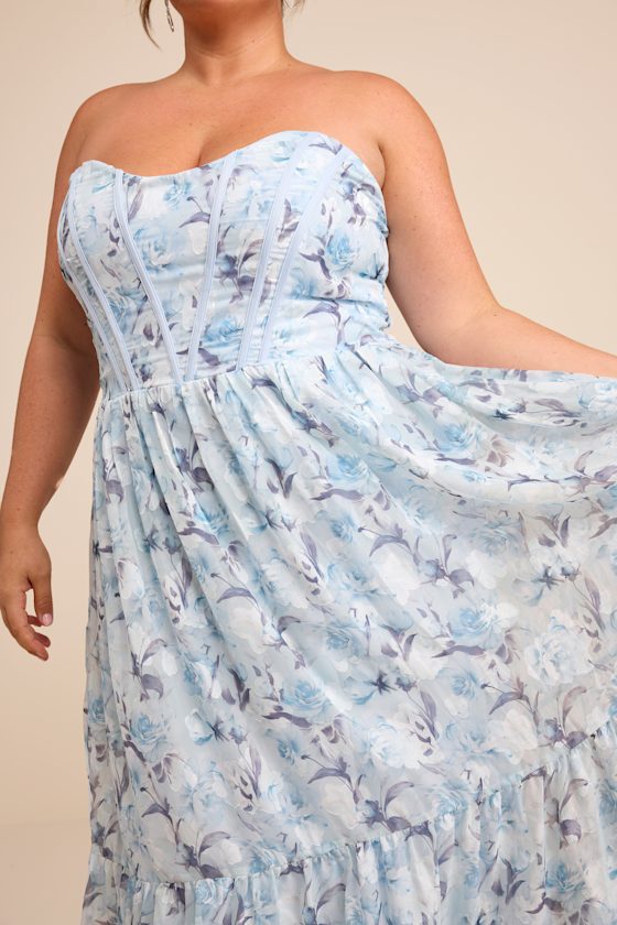 Special Moment Light Blue Floral Strapless Bustier Maxi Dress