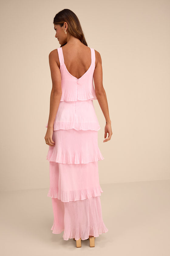 Elegant Nature Blush Pink Pleated Sleeveless Tiered Maxi Dress