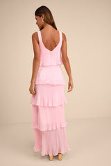 Elegant Nature Blush Pink Pleated Sleeveless Tiered Maxi Dress