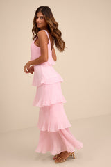 Elegant Nature Blush Pink Pleated Sleeveless Tiered Maxi Dress