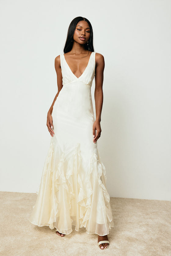 Deluca Ivory Sleeveless Ruffled Maxi Dress