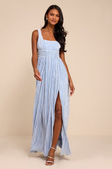 Ameena Light Blue Plisse Square Neck Sash Maxi Dress