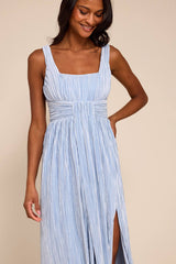 Ameena Light Blue Plisse Square Neck Sash Maxi Dress