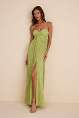 Oswin Lime Green Satin Plisse Strapless Maxi Dress