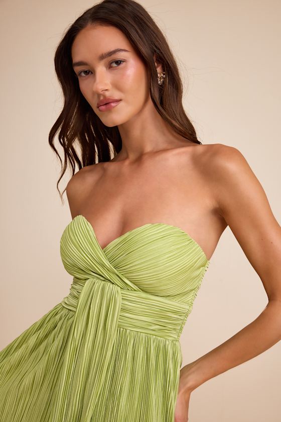 Oswin Lime Green Satin Plisse Strapless Maxi Dress