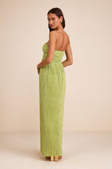 Oswin Lime Green Satin Plisse Strapless Maxi Dress