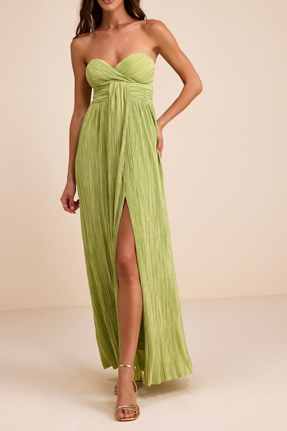 Oswin Lime Green Satin Plisse Strapless Maxi Dress