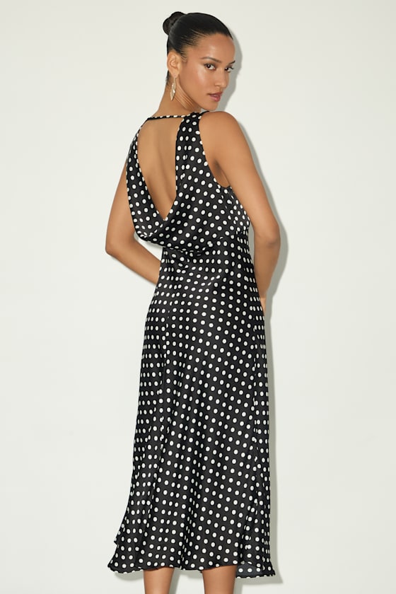 Incredible Love Black Polka Dot Satin Cowl Back Midi Slip Dress