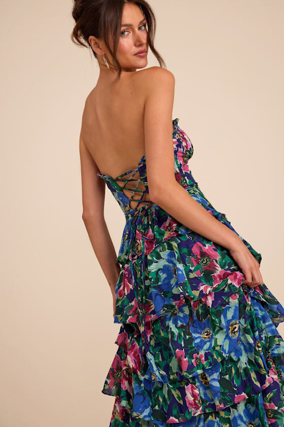 Nayha Blue Multi Floral Strapless Tiered Midi Dress