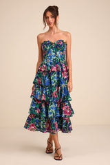 Nayha Blue Multi Floral Strapless Tiered Midi Dress