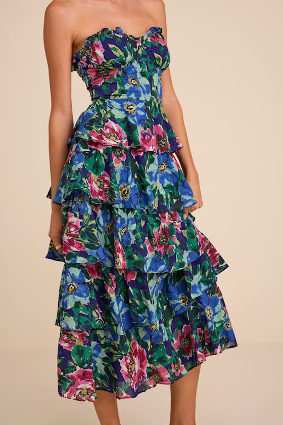 Nayha Blue Multi Floral Strapless Tiered Midi Dress