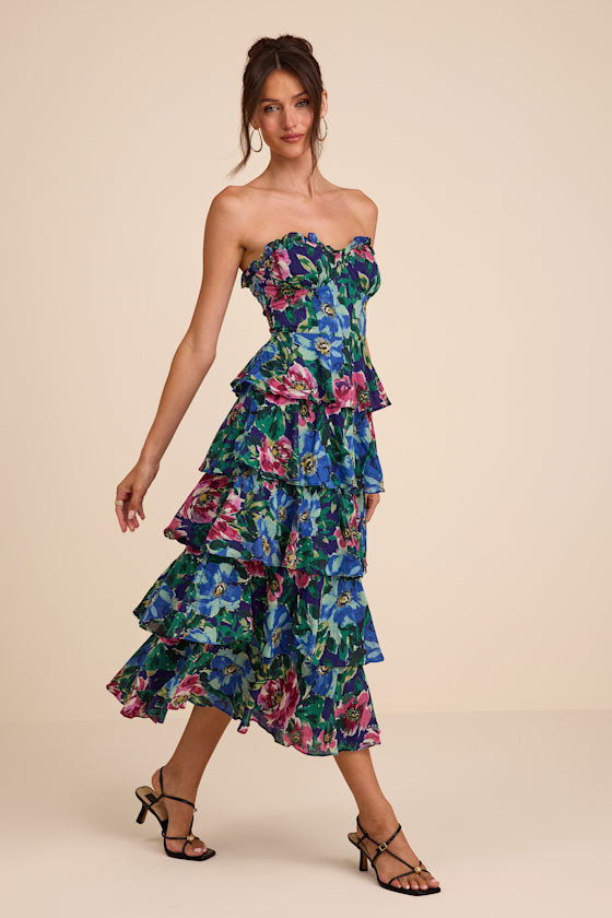 Nayha Blue Multi Floral Strapless Tiered Midi Dress