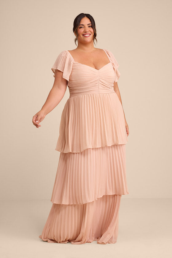 Notorious Charm Blush Pleated Flutter Sleeve Maxi Dress