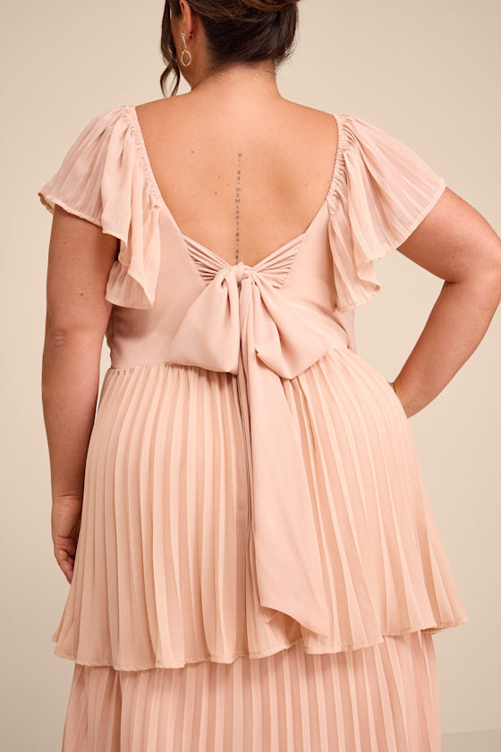 Notorious Charm Blush Pleated Flutter Sleeve Maxi Dress