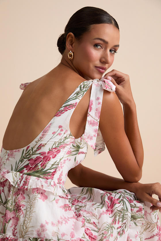 Naenia White Floral Tiered Tie-Strap Midi Dress