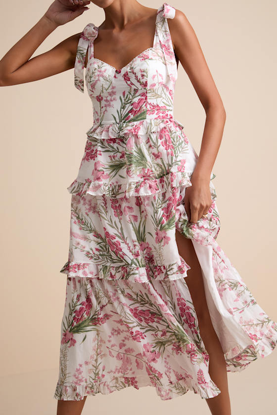 Naenia White Floral Tiered Tie-Strap Midi Dress
