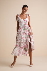 Naenia White Floral Tiered Tie-Strap Midi Dress