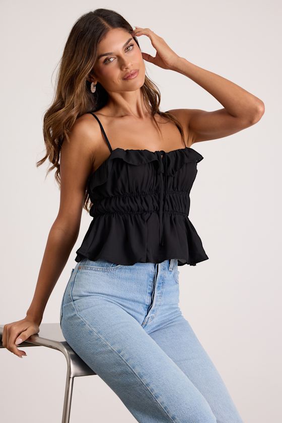Nicolet Black Tie-Front Peplum Cami Top