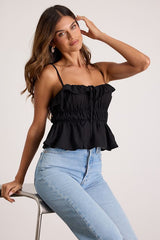 Nicolet Black Tie-Front Peplum Cami Top